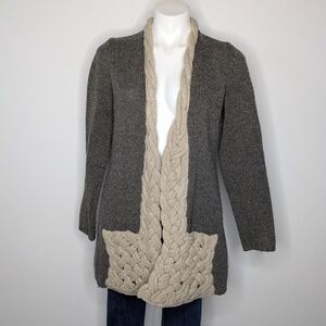 Anthro Sparrow Grey Braided Tan Wool Open Cardigan Sweater M